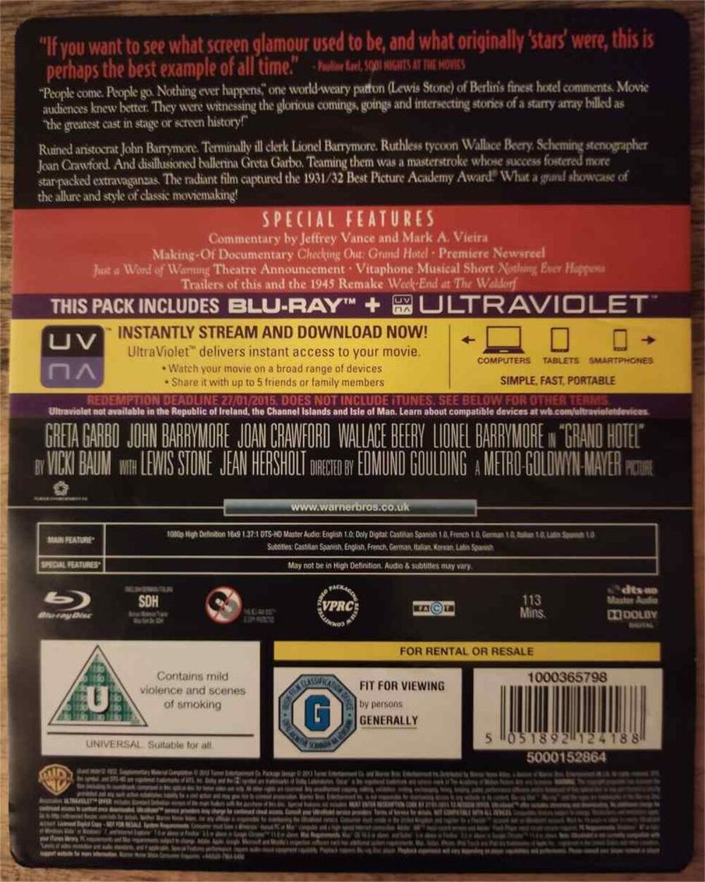 Grand Hotel Blu-ray Steelbook DVD et blu-ray