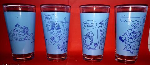 4 Verres de collection St-Yorre illustrés par Wolinski BLEU 5 Bruay-la-Buissière (62)