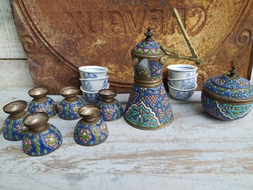 Ancien Service &agrave; Caf&eacute; Syrien &Eacute;maill&eacute; Orientaliste Teapot 