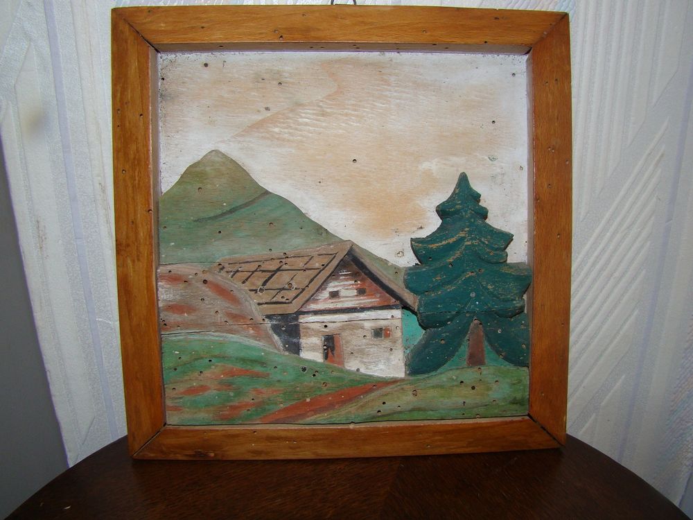 Peinture sur bois en relief " Chalet de montagne " 1930 Décoration