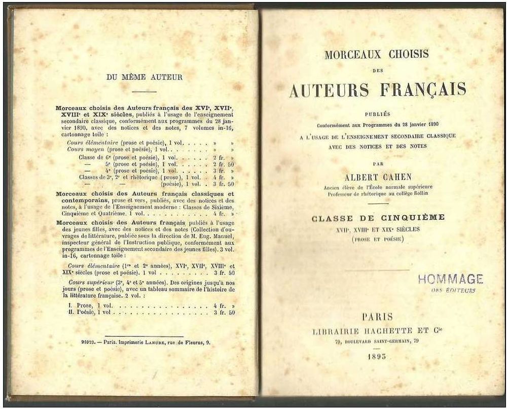 Albert CAHEN : Morceaux choisis des Auteurs Fran&ccedil;ais, Livres et BD