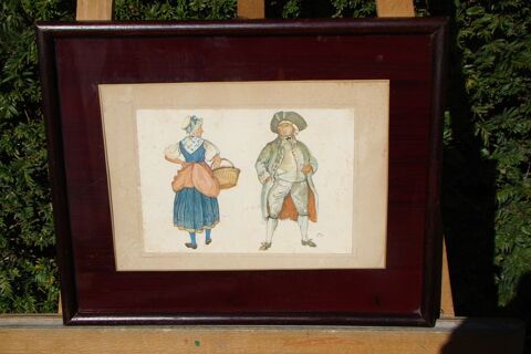 Gravure ancienne Scène de villageois en costumes du XVIIIème 25 Gargenville (78)
