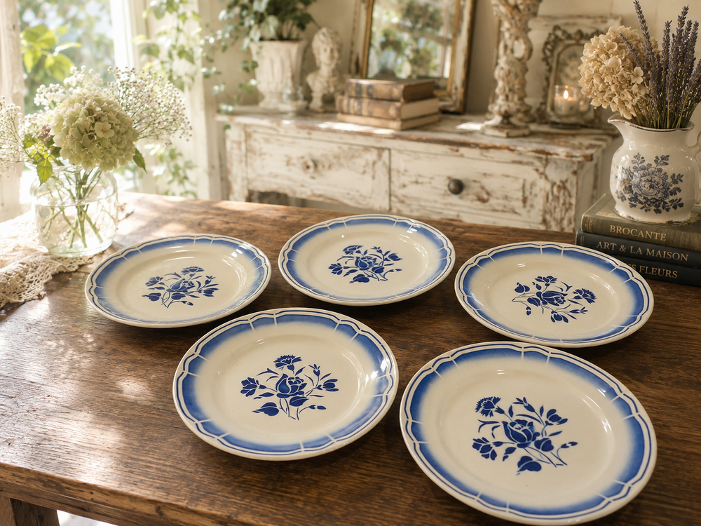 Assiettes plates anciennes ? D&eacute;cor bleu fleuri ? Lot de 5 