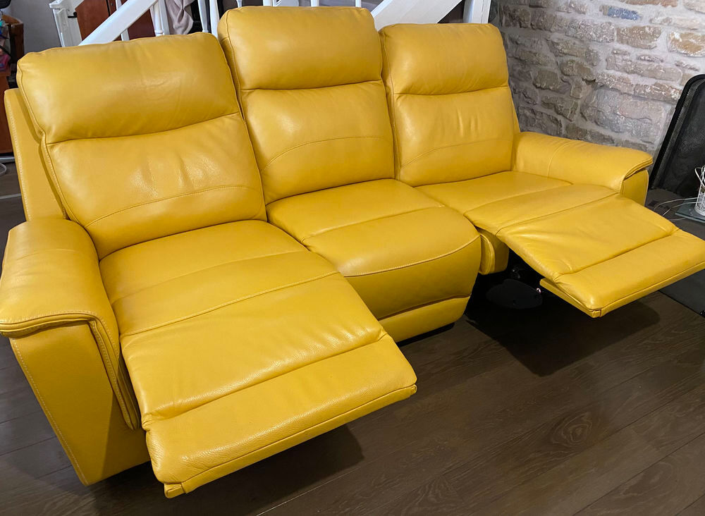 canap&eacute; cuir vachette jaune relax neuf avec 2 fauteuils Meubles