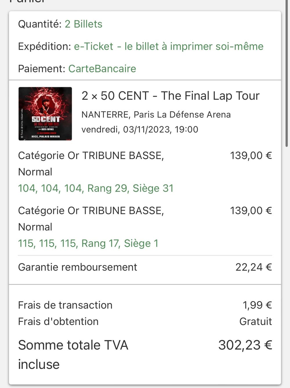 Place de concert 50 cent Billetterie