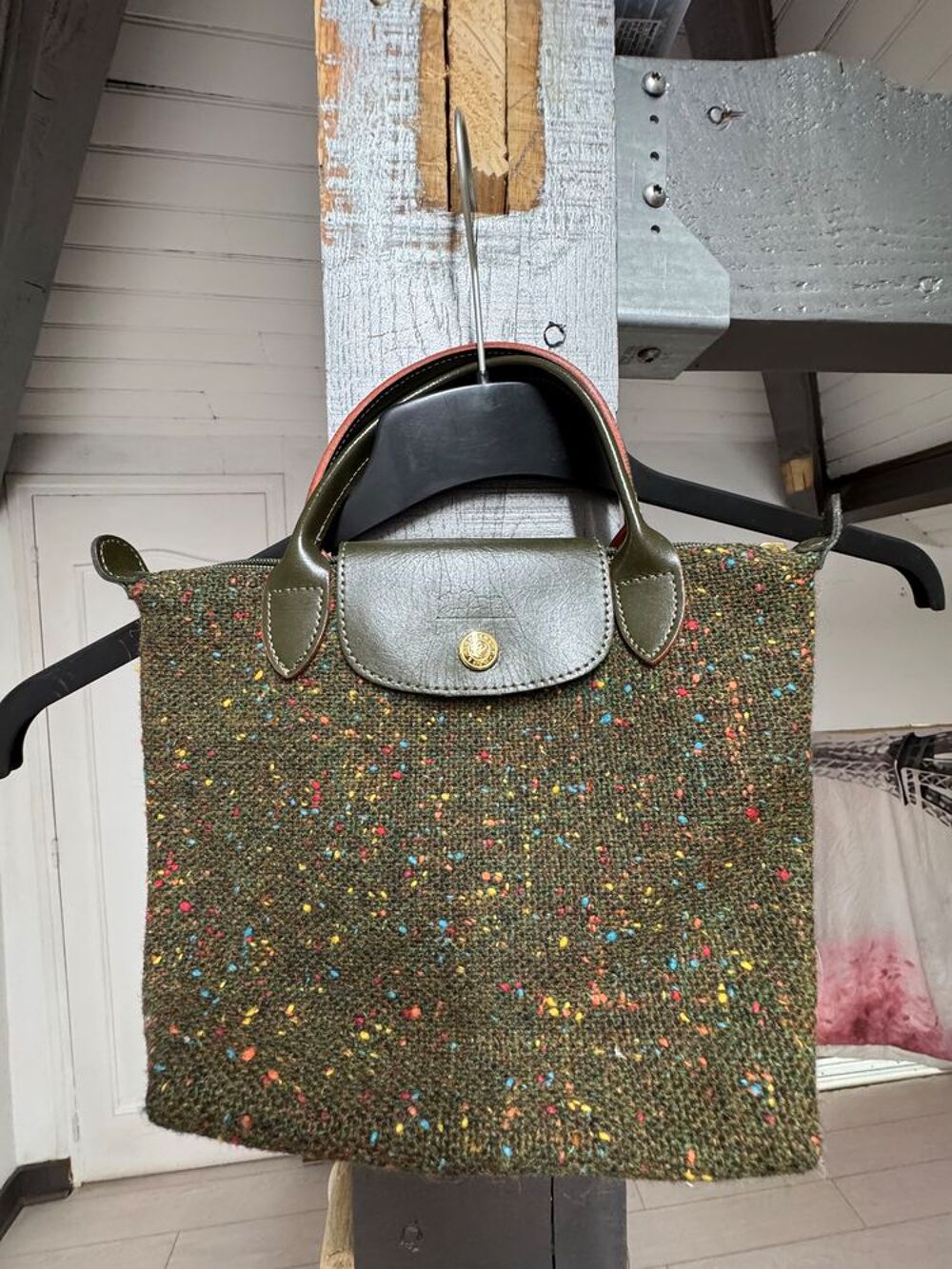 ? Sac Longchamp Le Pliage ? Edition Tweed Kaki Mouchet&eacute; Maroquinerie