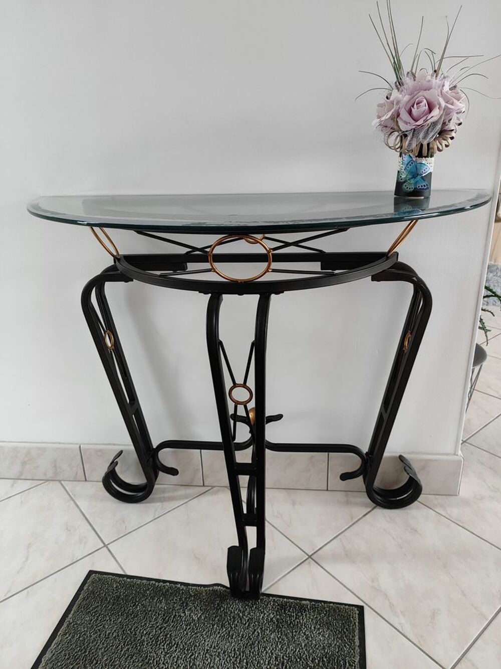Table rectangulaire en verre et m&eacute;tal noir Meubles