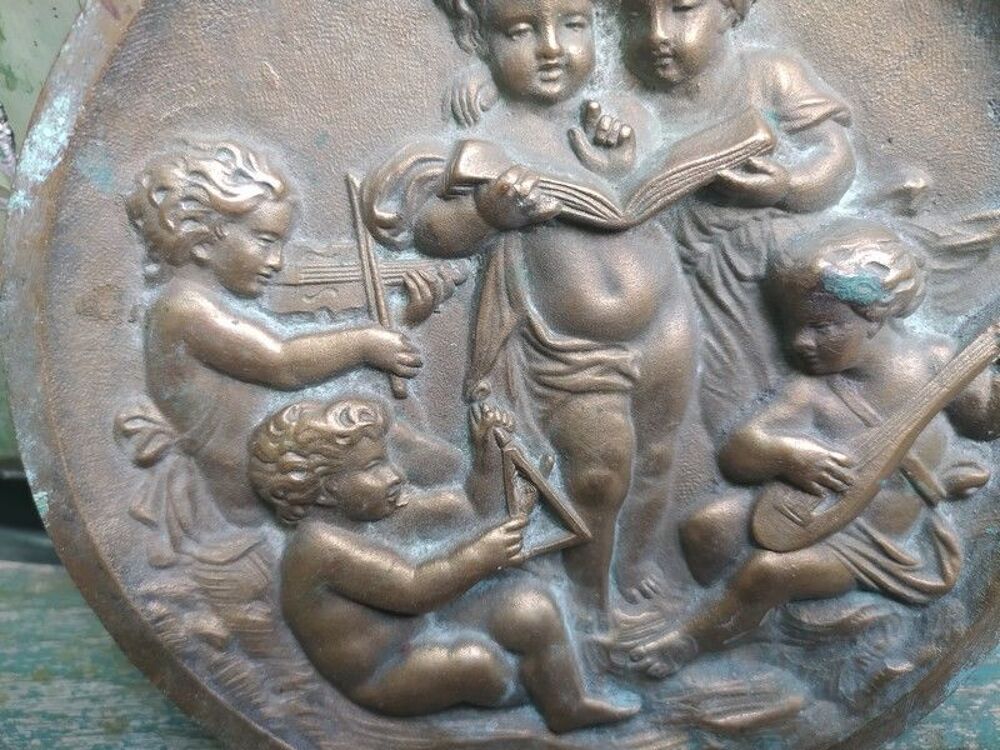 Grande M&eacute;daille Bronze Sc&egrave;ne Enfants Putti la Musique 