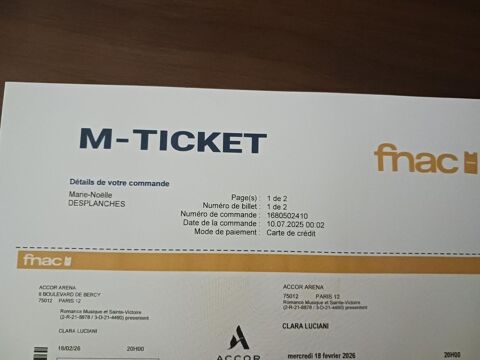 2 billets concert Clara Luciani 18/02 Accor Arena 65 Paris 13 (75)
