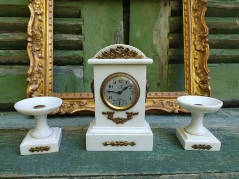 Pendule et Cassolettes Marbre Blanc Ornements Bronze Lion 120 Loches (37)