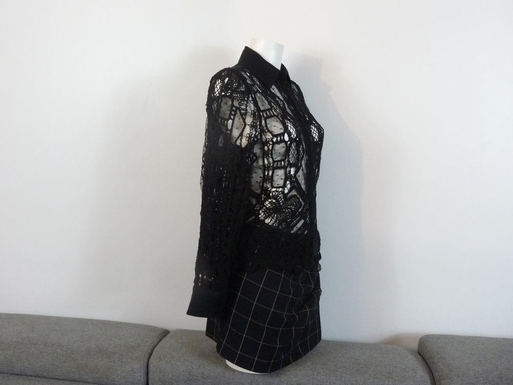 Blouse/ Chemisier Noir Ajour&eacute; en Crochet, Lin et Tulle-Zara Vêtements