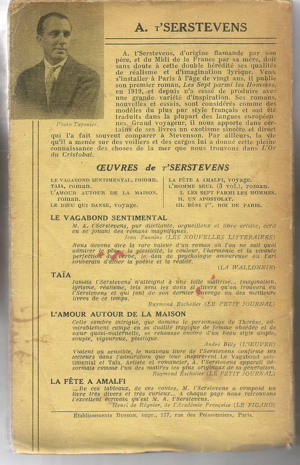 A. T'SERSTEVENS L'or du Cristobal Albin Michel 1936 Livres et BD
