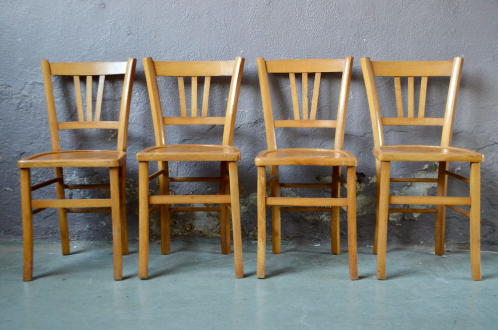 Lot de 4 chaises bistrot vintage anciennes boh&egrave;me d&eacute;co bois Meubles