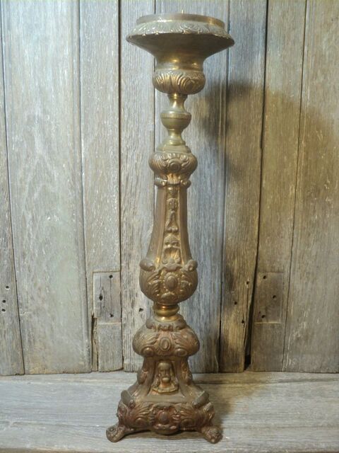 Ancien Grand Chandelier Pique-Cierge Laiton Bougeoir 99 Loches (37)