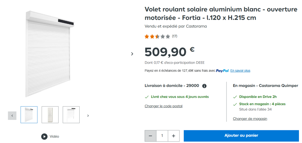 Volet roulant solaire aluminium blanc 120cm &times; 215cm Bricolage