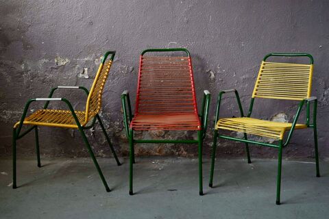 Lot de 3 fauteuils de jardin ancien scoubidou vintage design 330 Wintzenheim (68)