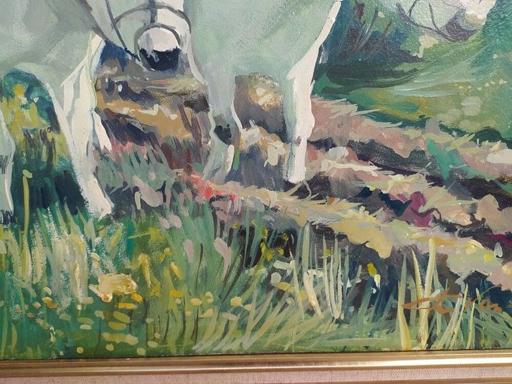 Tableau Peinture Sc&egrave;ne Paysanne Labour Attelage de Boeufs Décoration