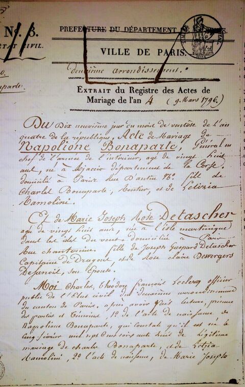 Fac simile de l acte de mariage de Napolon trs rare !  320000 Goussainville (95)