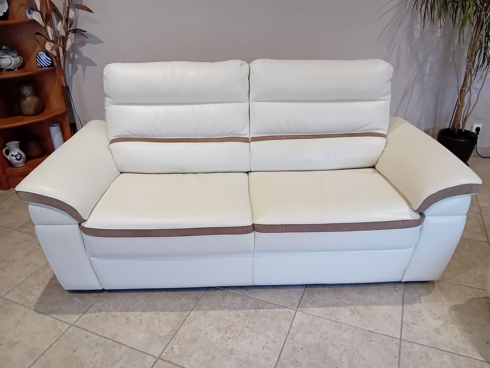Salon cuir blanc et marron clair 3+2+1 Meubles