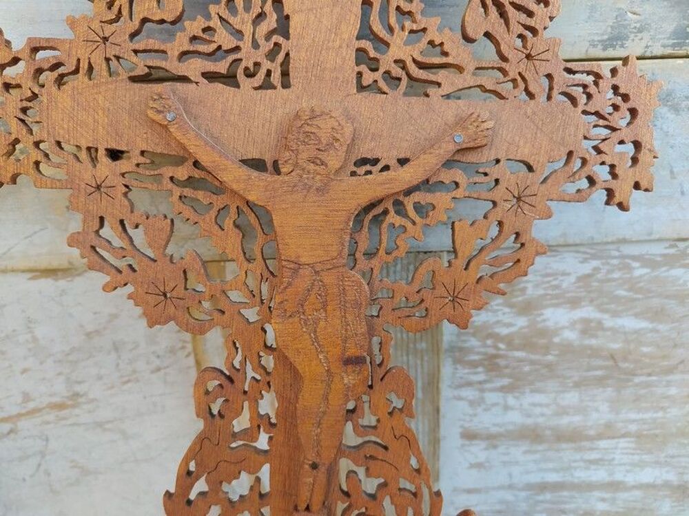 Ancien Crucifix Bois Chantourn&eacute; Croix Christ Religious Cross 