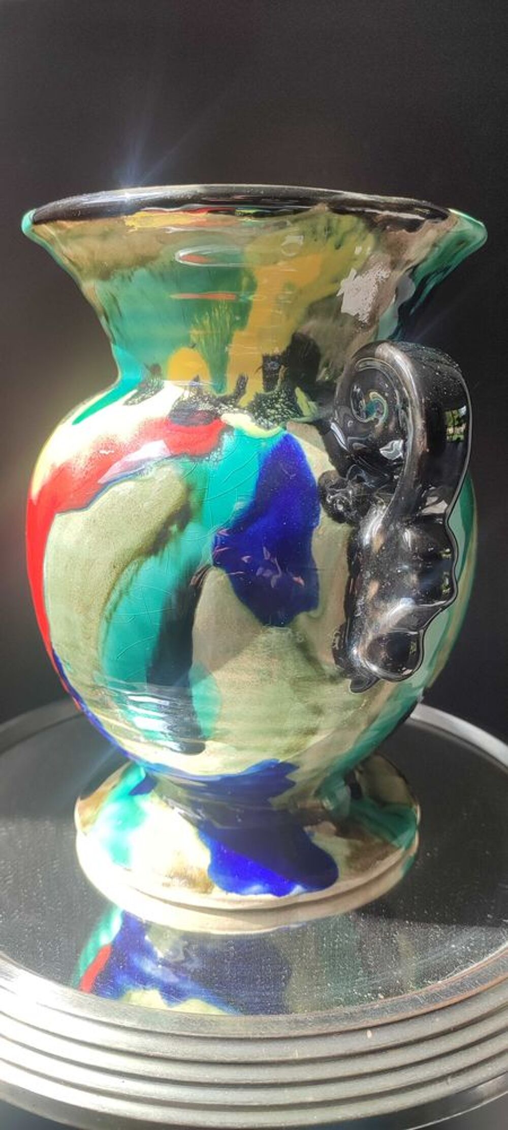 Vase Art D&eacute;co en c&eacute;ramique &agrave; gla&ccedil;ures flamm&eacute;es 