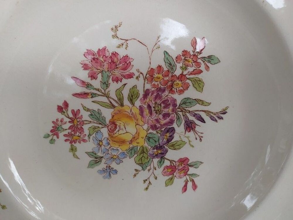 Ancienne Assiette Fa&iuml;ence de Longchamp D&eacute;cor Trianon Fleurs Décoration