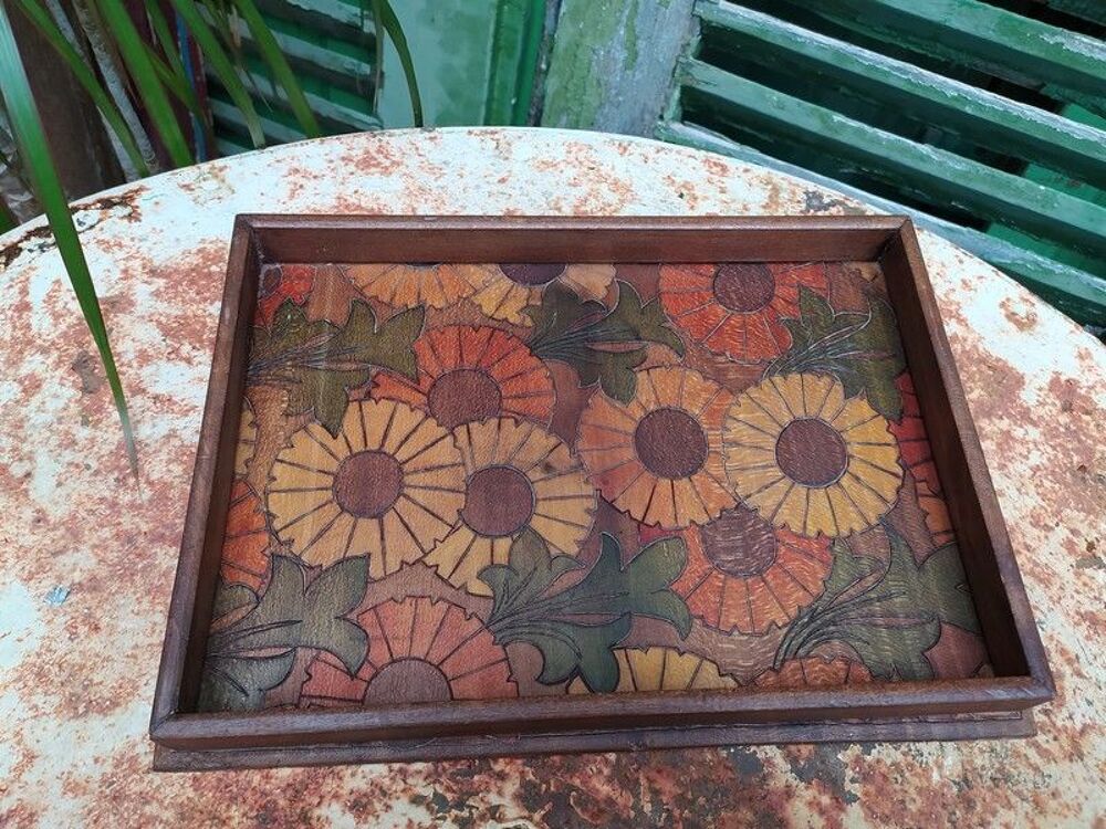 Ancien Plateau Bois Pyrograv&eacute; D&eacute;cor Tournesols Art D&eacute;co Décoration