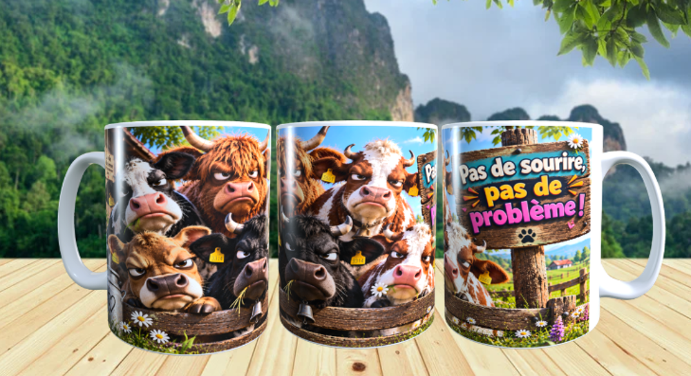Mug humour vaches, pas de sourire, pas de probl&egrave;me! Décoration