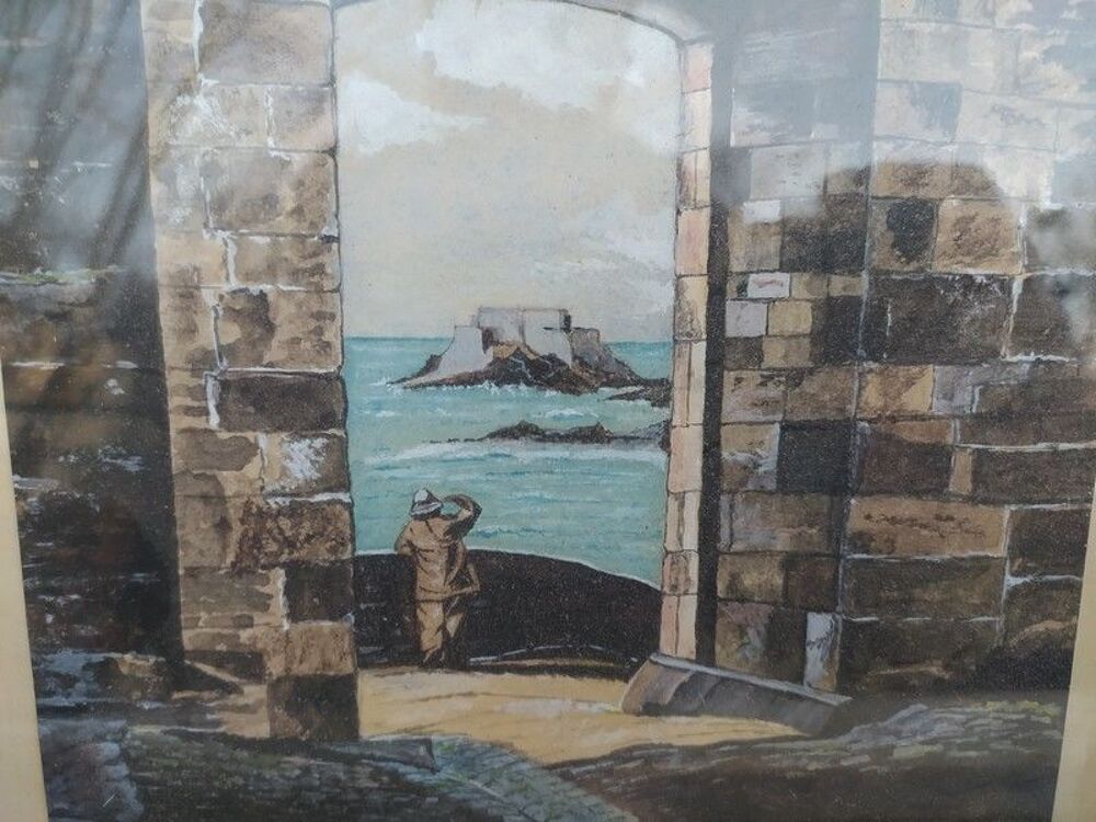 Tableau Dessin Gouache Marine P&ecirc;cheur Sign&eacute; Jampierre ca1930 
