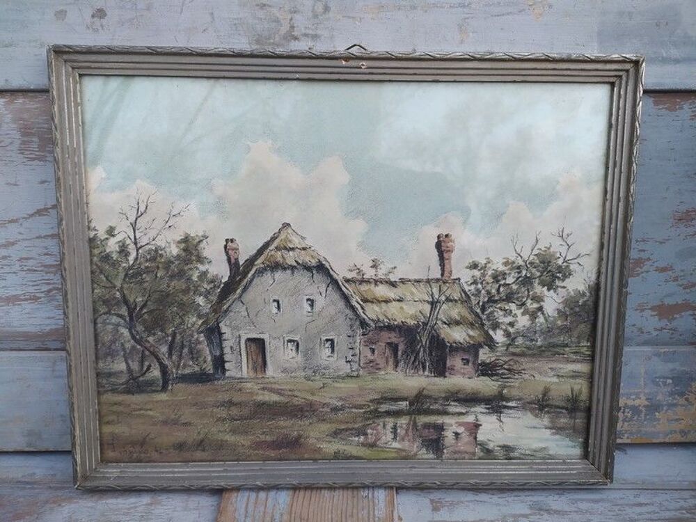 Tableau Paysage Dessin Prisonnier Allemand R.Ivonina 1946 