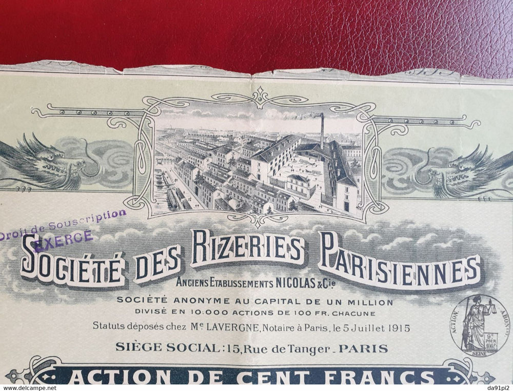 Rare Super DECO action de 100 francs Or Rizeries Parisiennes 