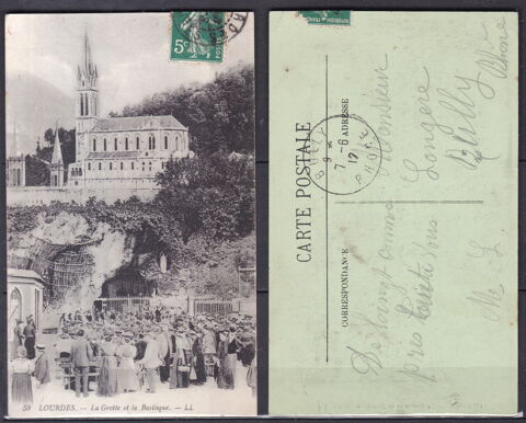 Timbres-CPA-carte postale- LOURDES (65) La grotte et la Basi 4 Lyon 1 (69)