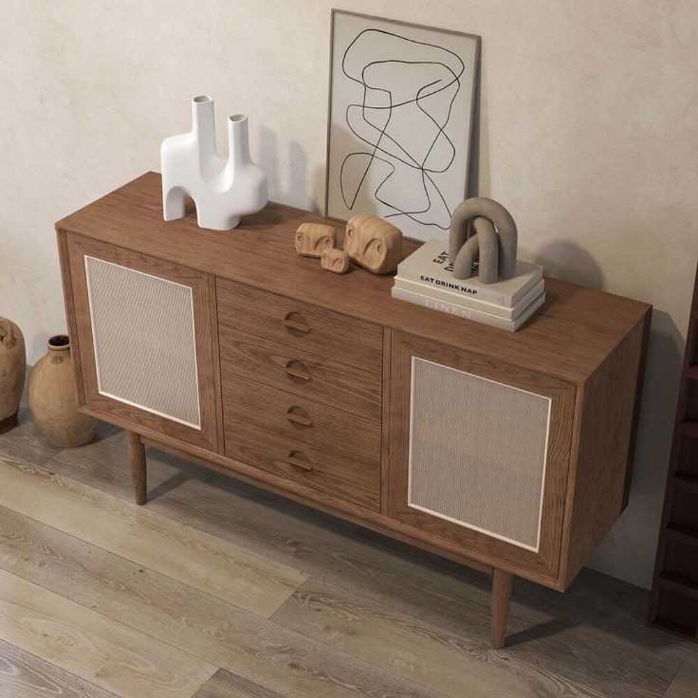 Buffet Cottage en Noyer avec Rotin €" 2 Portes &amp; 4 Tiroirs (140 cm) Meubles