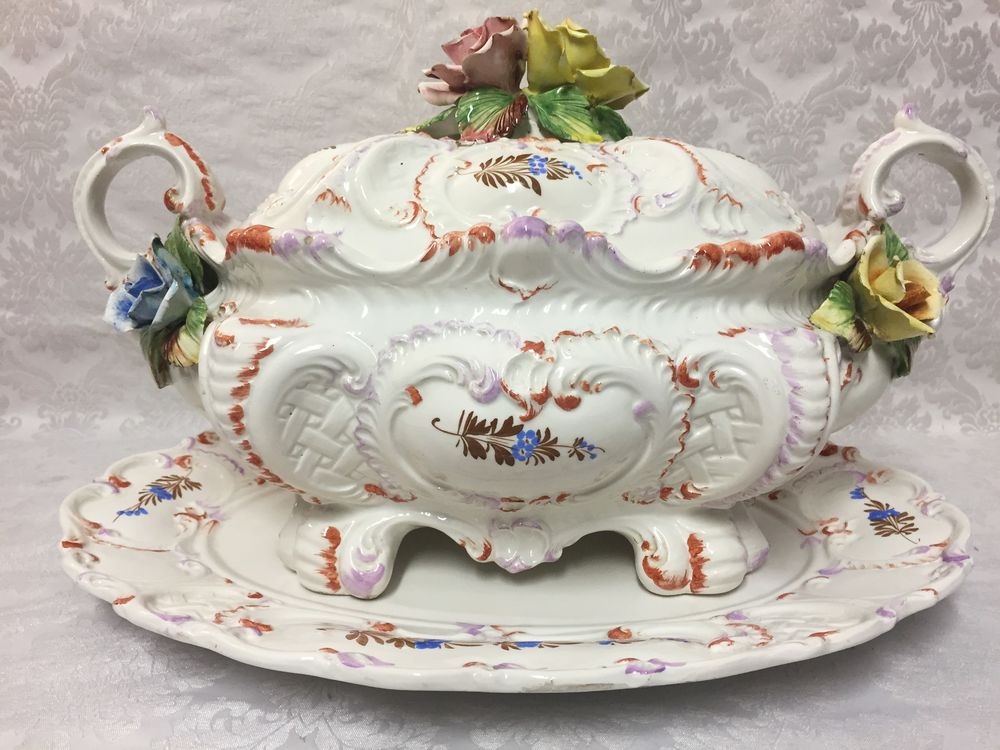 PLAT DE SERVICE SOUPI&Egrave;RE ANCIENNE ITALIENNE FA&Iuml;ENCE ROCOCO Dcoration