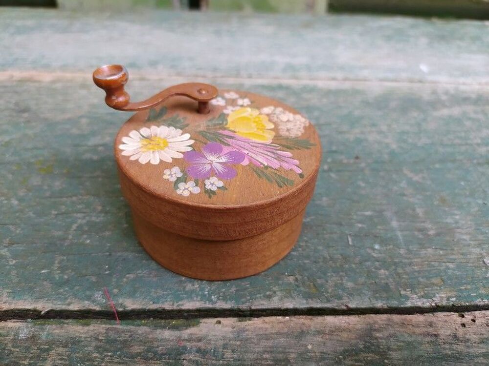 Ancienne Petite Boite &agrave; Musique Bois Peint Fleurs 