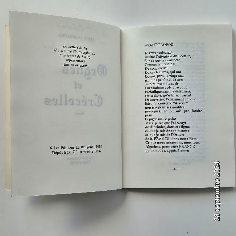 Orgues et cr&eacute;celles, 1957-85, avec autographe recueil de po Livres et BD