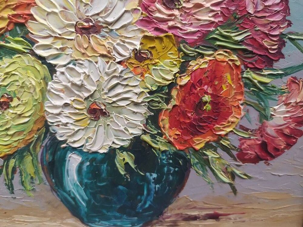 Tableau Nature Morte Fleurs Oeillets Sign&eacute; De Mervil 