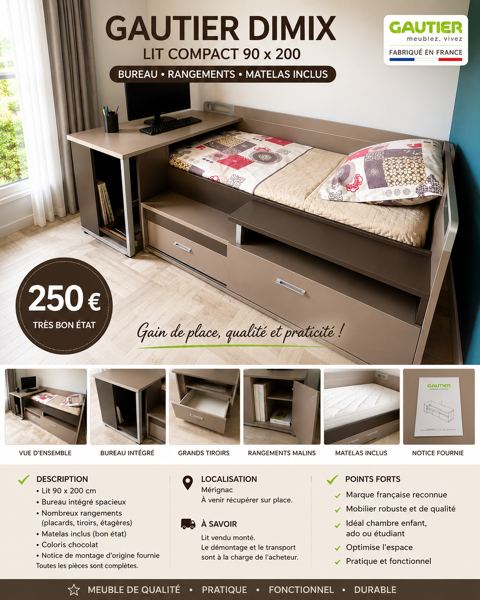 ? LIT COMBINÉ GAUTIER DIMIX & BUREAU ET RANGEMENT Mérignac (33)