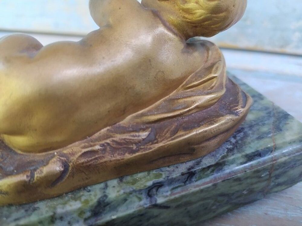 Sculpture Enfant Ch&eacute;rubin Sujet Bronze sur Socle Marbre 