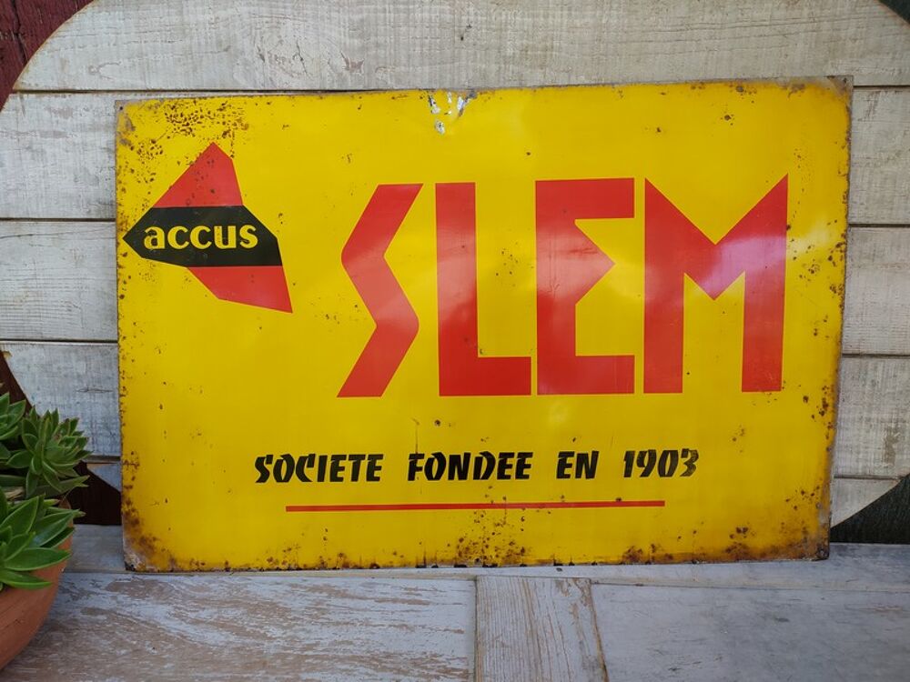 Ancienne Plaque T&ocirc;le Publicitaire Accus Slem
