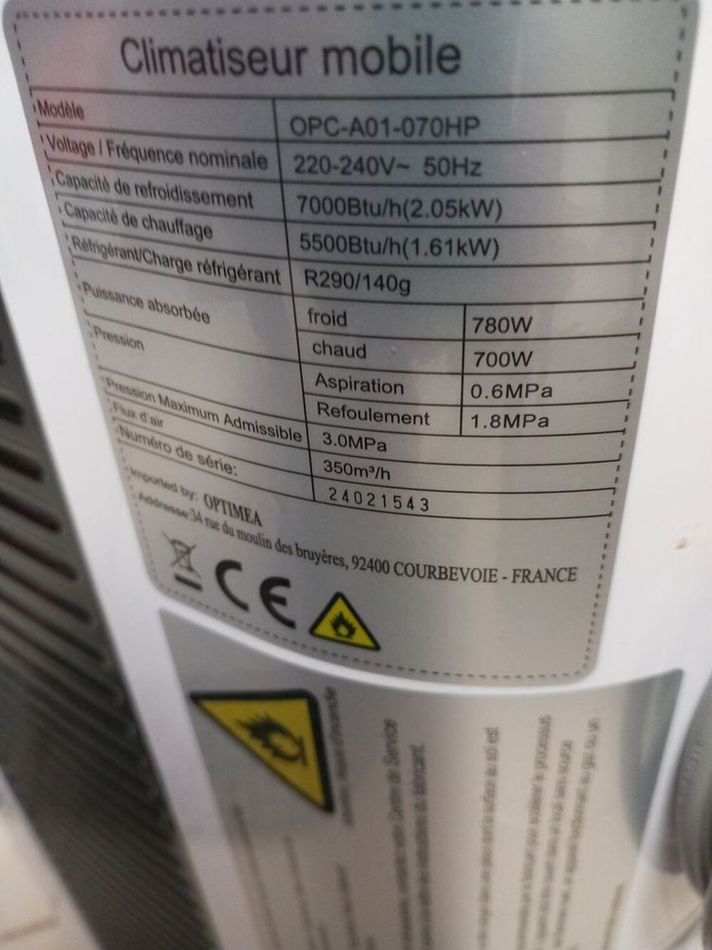 Climatiseur mobile Optimeo blanc Electroménager