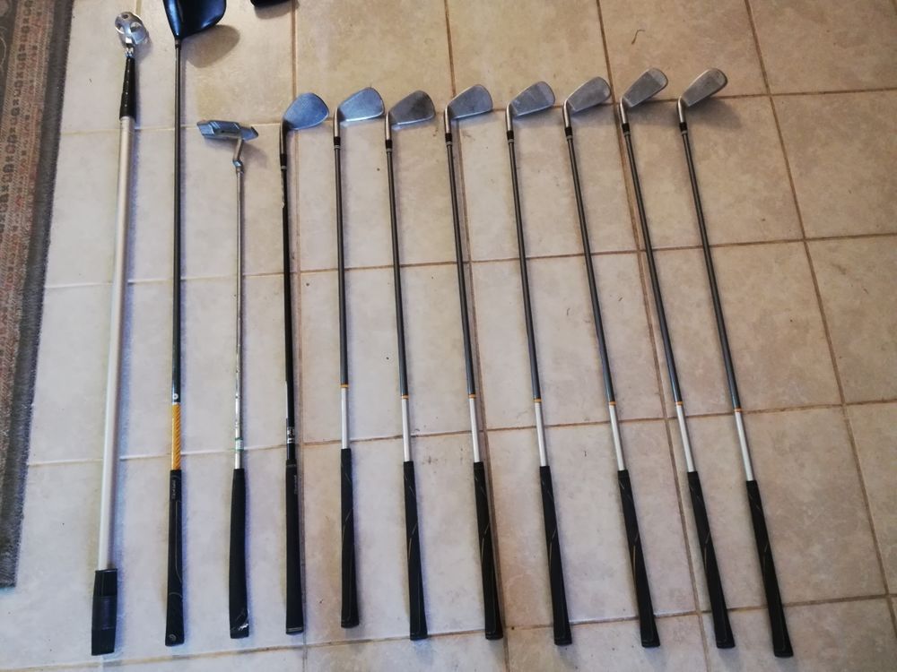 Ensemble complet professionnel de golf. Chariot cadie fers dryver canne de recuperation pour eau. Fers hybride droitier. 56, 41.45.37.33.30.27.24.degres Sports