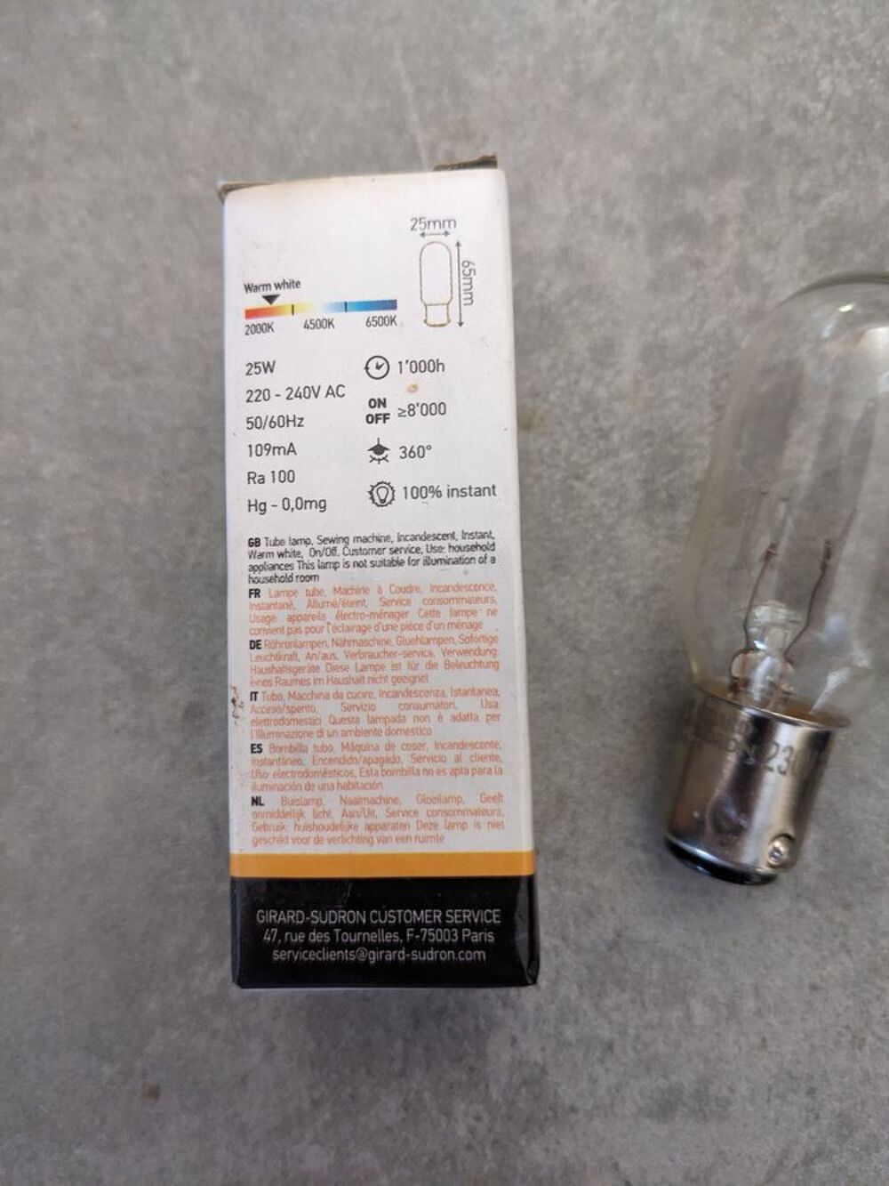 2 ampoules LAMPE TUBE de MACHINE &Agrave; COUDRE 25W B15 ou autre Bricolage
