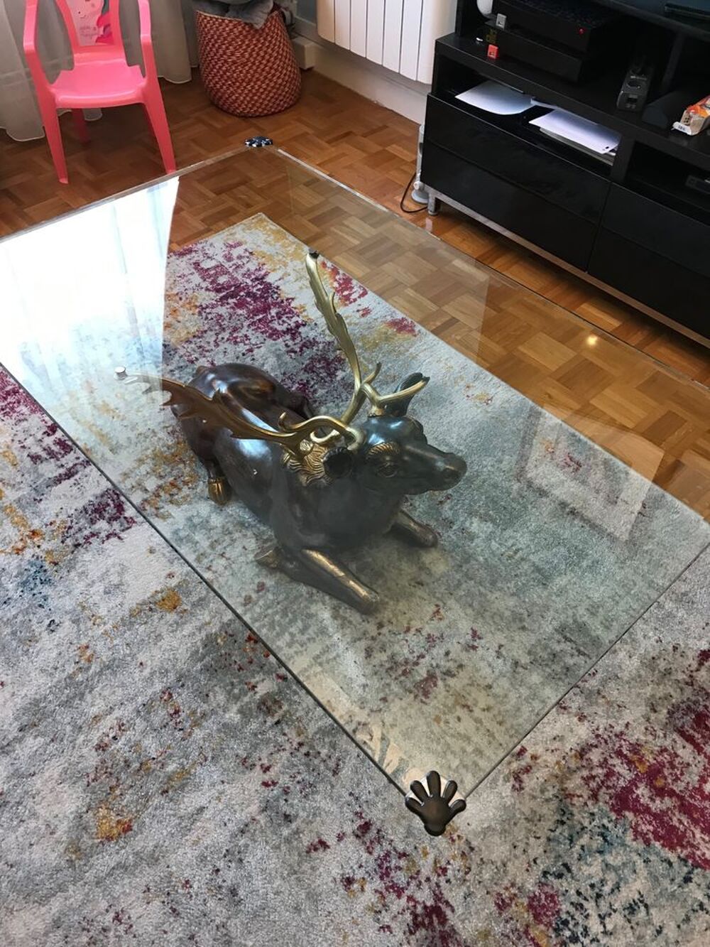 TABLE BASSE BOIS POLYCHROME PLATEAU VERRE Meubles