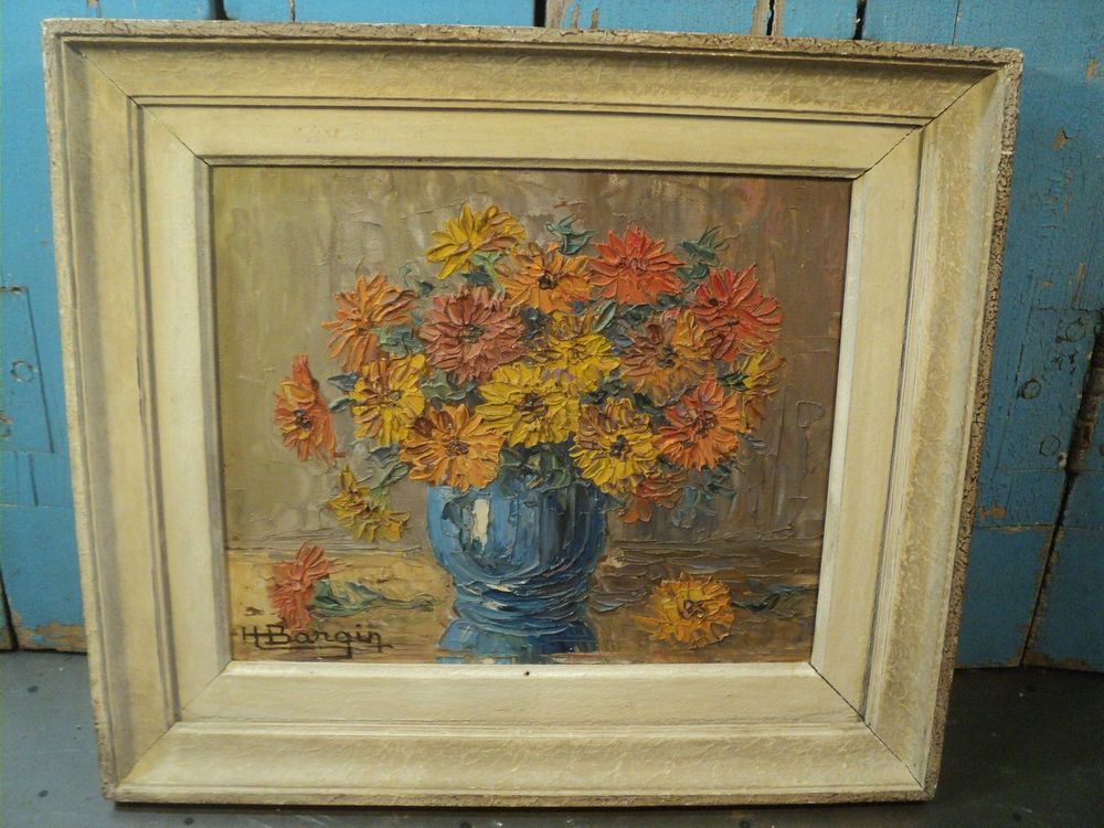 Ancien Tableau Bouquet de Fleurs Sign&eacute; Henri Bargin ca1960 Décoration