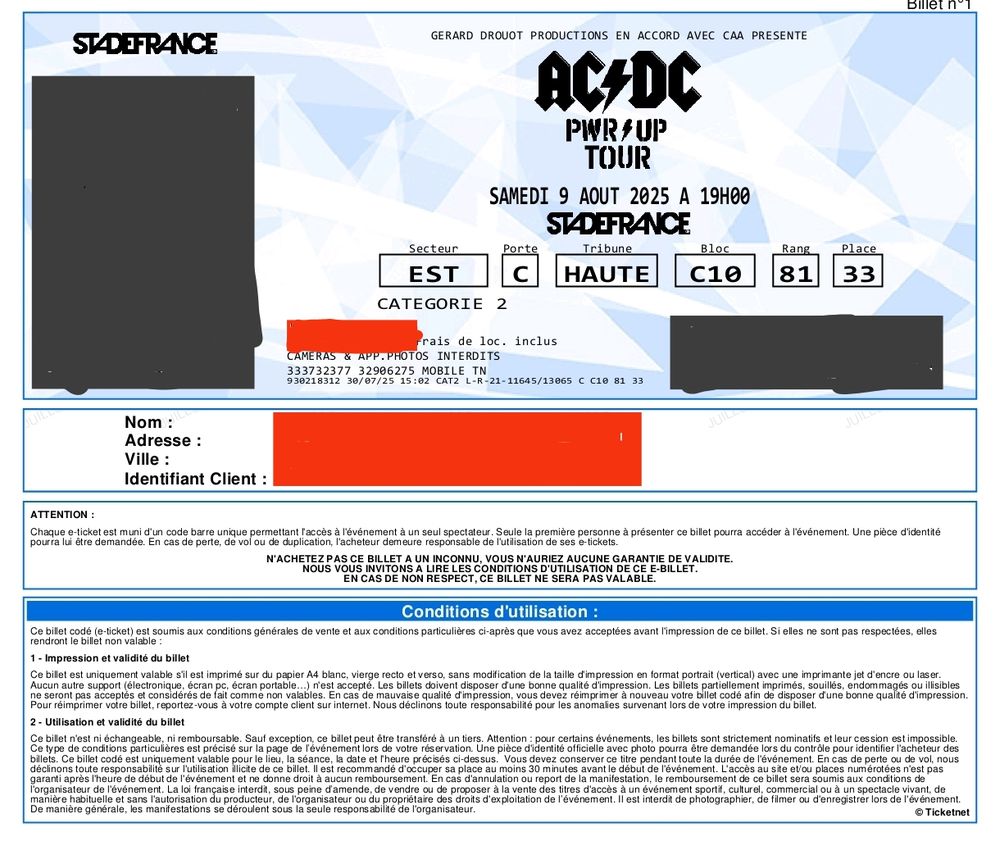 Places concert ACDC stade de France Billetterie