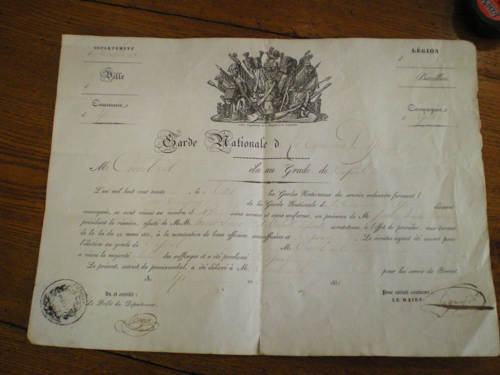 Brevet de la Garde Nationale de la commune de IFS. 