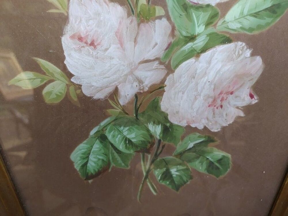Ancien Tableau Fleurs de Rosiers Rose P&acirc;le Décoration