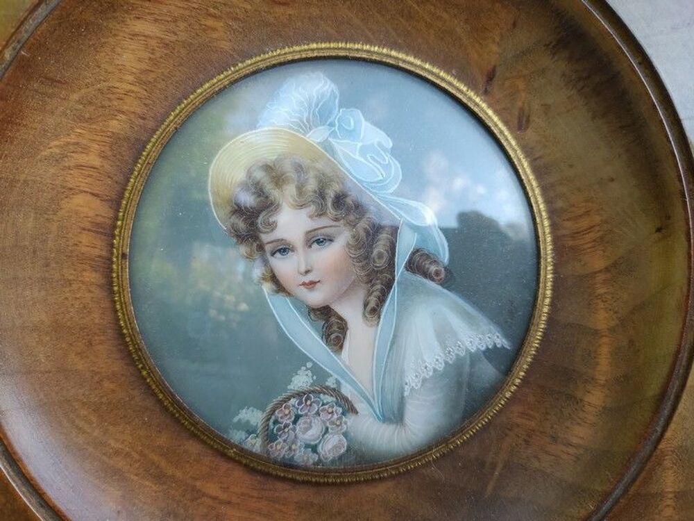 Ancienne Peinture Miniature Portrait Fille Panier de Fleurs 