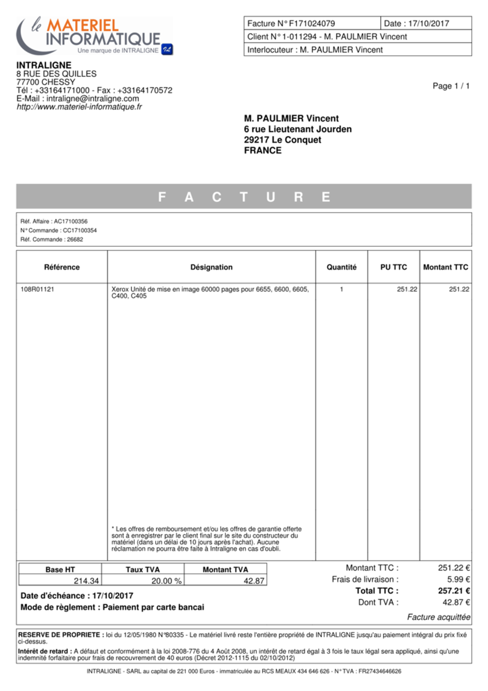 XEROX 108R01121 UNITE DE MISE EN IMAGE (PHASER 6600)
Matériel informatique